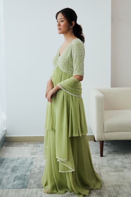 Shop Lavanya Ahuja Green Georgette Beads, Embroidery V-neck Yoke Kurta Sharara Set Online at Aza Fashions Shop_Lavanya Ahuja_Green Georgette Beads, Embroidery V-neck Yoke Kurta Sharara Set _Online_at_Aza_Fashions