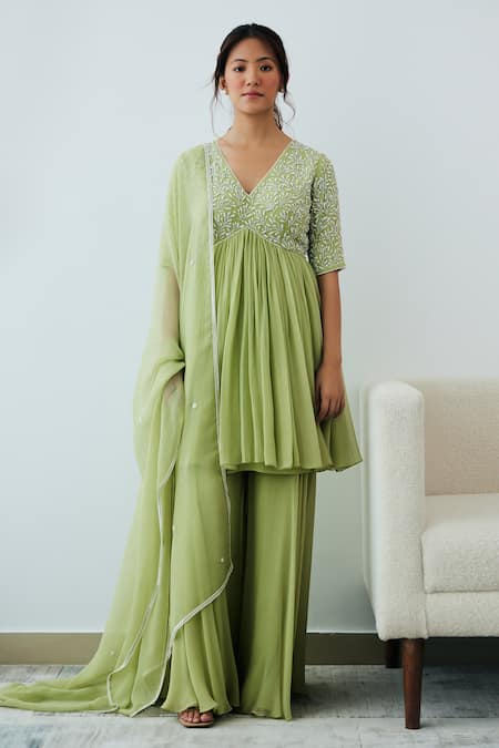 Lavanya Ahuja Green Georgette Beads, Embroidery V-neck Yoke Kurta Sharara Set at Aza Fashions Lavanya Ahuja_Green Georgette Beads, Embroidery V-neck Yoke Kurta Sharara Set _at_Aza_Fashions