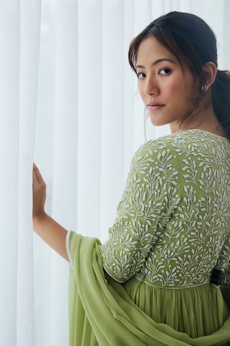 Buy Lavanya Ahuja Green Georgette Beads, Embroidery V-neck Yoke Kurta Sharara Set Buy_Lavanya Ahuja_Green Georgette Beads, Embroidery V-neck Yoke Kurta Sharara Set