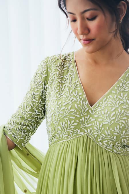 Shop Lavanya Ahuja Green Georgette Beads, Embroidery V-neck Yoke Kurta Sharara Set Shop_Lavanya Ahuja_Green Georgette Beads, Embroidery V-neck Yoke Kurta Sharara Set