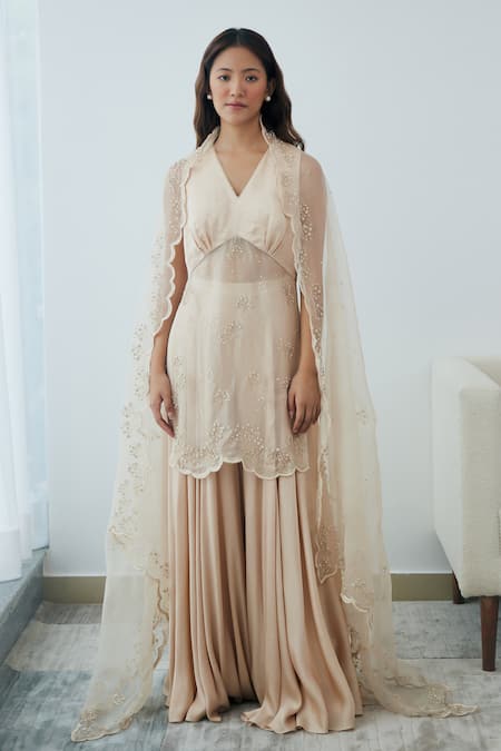 Shop Lavanya Ahuja Beige Organza, Satin Lace, Sequins, Beads V-neck Embroidered Kurta Sharara Set at Aza Fashions Shop_Lavanya Ahuja_Beige Organza, Satin Lace, Sequins, Beads V-neck Embroidered Kurta Sharara Set _at_Aza_Fashions