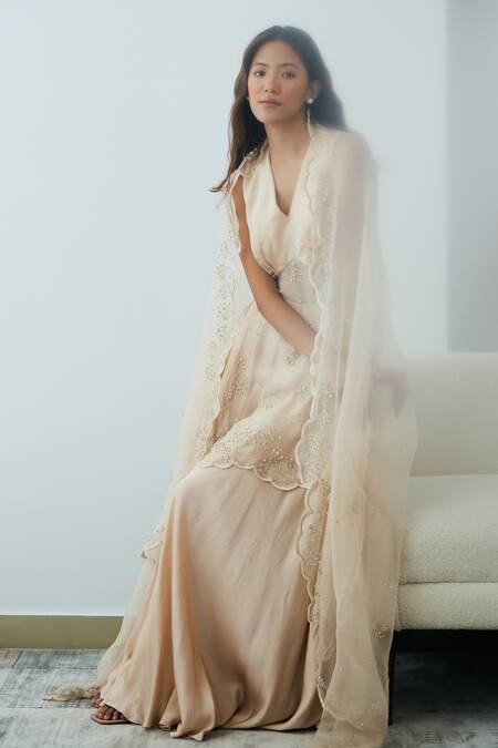 Lavanya Ahuja Beige Organza, Satin Lace, Sequins, Beads V-neck Embroidered Kurta Sharara Set Online at Aza Fashions Lavanya Ahuja_Beige Organza, Satin Lace, Sequins, Beads V-neck Embroidered Kurta Sharara Set _Online_at_Aza_Fashions