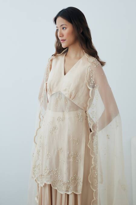 Buy Lavanya Ahuja Beige Organza, Satin Lace, Sequins, Beads V-neck Embroidered Kurta Sharara Set Online at Aza Fashions Buy_Lavanya Ahuja_Beige Organza, Satin Lace, Sequins, Beads V-neck Embroidered Kurta Sharara Set _Online_at_Aza_Fashions