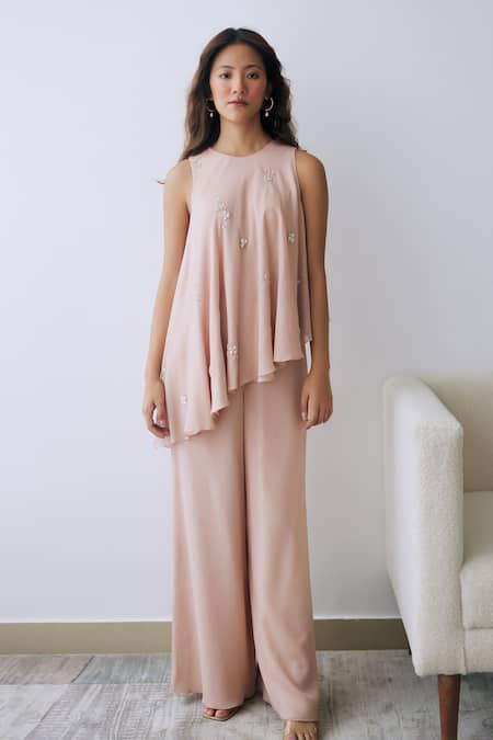 Shop Lavanya Ahuja Pink Chiffon Sequins, Beads Round Neck Embroidered Tunic And Pant Set at Aza Fashions Shop_Lavanya Ahuja_Pink Chiffon Sequins, Beads Round Neck Embroidered Tunic And Pant Set _at_Aza_Fashions