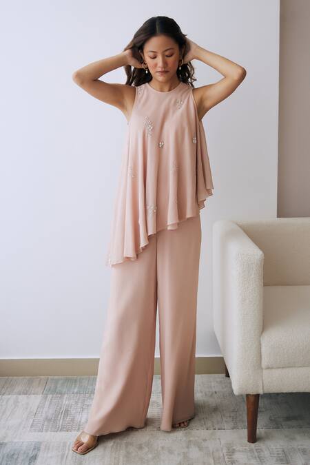 Lavanya Ahuja Pink Chiffon Sequins, Beads Round Neck Embroidered Tunic And Pant Set Online at Aza Fashions Lavanya Ahuja_Pink Chiffon Sequins, Beads Round Neck Embroidered Tunic And Pant Set _Online_at_Aza_Fashions