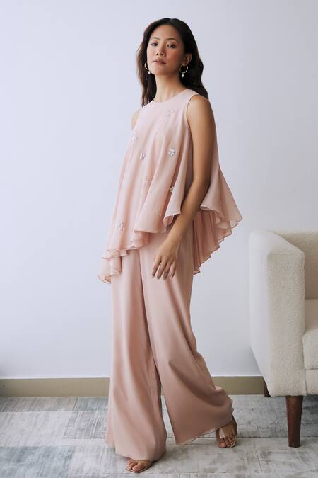 Lavanya Ahuja Pink Chiffon Sequins, Beads Round Neck Embroidered Tunic And Pant Set at Aza Fashions Lavanya Ahuja_Pink Chiffon Sequins, Beads Round Neck Embroidered Tunic And Pant Set _at_Aza_Fashions