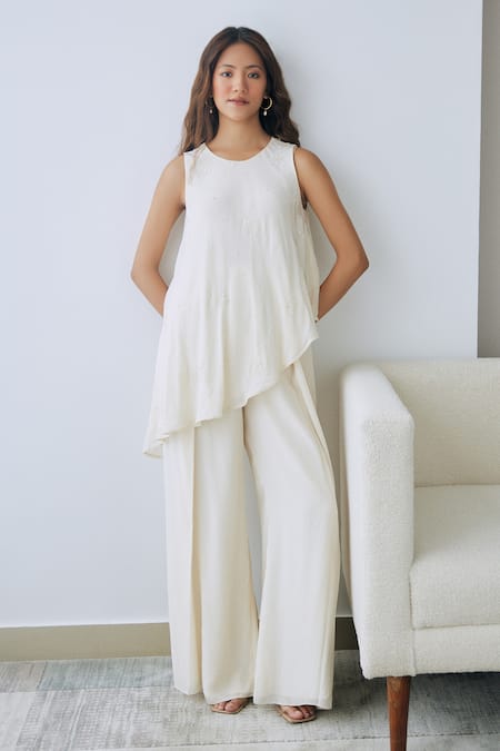 Lavanya Ahuja Ivory Crepe Sequins, Beads Round Neck Embroidered Asymmetrical Tunic And Pant Set Online at Aza Fashions Lavanya Ahuja_Ivory Crepe Sequins, Beads Round Neck Embroidered Asymmetrical Tunic And Pant Set _Online_at_Aza_Fashions