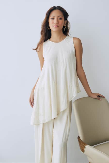 Buy Lavanya Ahuja Ivory Crepe Sequins, Beads Round Neck Embroidered Asymmetrical Tunic And Pant Set Online at Aza Fashions Buy_Lavanya Ahuja_Ivory Crepe Sequins, Beads Round Neck Embroidered Asymmetrical Tunic And Pant Set _Online_at_Aza_Fashions