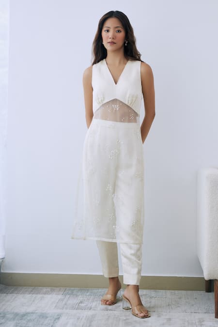 Lavanya Ahuja Ivory Organza, Satin, Linen Sequins, Beads Embroidered Long Tunic And Pant Set Online at Aza Fashions Lavanya Ahuja_Ivory Organza, Satin, Linen Sequins, Beads Embroidered Long Tunic And Pant Set _Online_at_Aza_Fashions