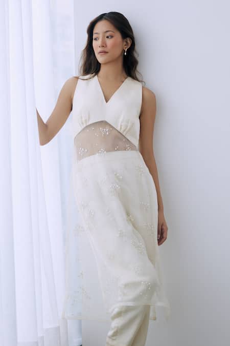 Shop Lavanya Ahuja Ivory Organza, Satin, Linen Sequins, Beads Embroidered Long Tunic And Pant Set Online at Aza Fashions Shop_Lavanya Ahuja_Ivory Organza, Satin, Linen Sequins, Beads Embroidered Long Tunic And Pant Set _Online_at_Aza_Fashions