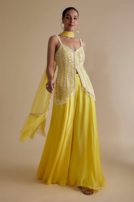 Keith Gomes Yellow Georgette Embroidery Sequin V Neck Leaf Kurta Palazzo Set 