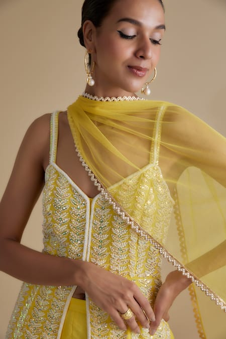 Buy Keith Gomes Yellow Satin, Organza, Georgette Sequins, Beads, Leaf Kurta Palazzo Set Online at Aza Fashions Buy_Keith Gomes_Yellow Satin, Organza, Georgette Sequins, Beads, Leaf Kurta Palazzo Set _Online_at_Aza_Fashions