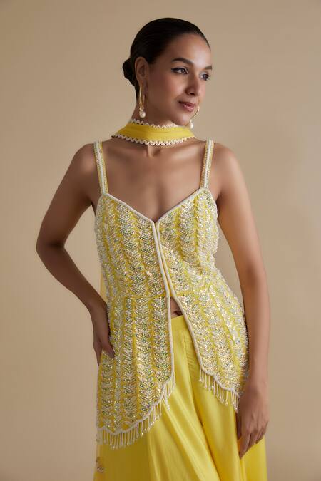 Shop Keith Gomes Yellow Satin, Organza, Georgette Sequins, Beads, Leaf Kurta Palazzo Set Online at Aza Fashions Shop_Keith Gomes_Yellow Satin, Organza, Georgette Sequins, Beads, Leaf Kurta Palazzo Set _Online_at_Aza_Fashions