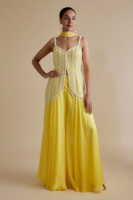 Keith Gomes Yellow Satin, Organza, Georgette Sequins, Beads, Leaf Kurta Palazzo Set at Aza Fashions Keith Gomes_Yellow Satin, Organza, Georgette Sequins, Beads, Leaf Kurta Palazzo Set _at_Aza_Fashions