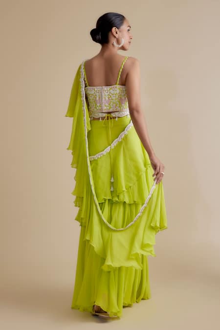 Shop Keith Gomes Green Georgette Cut Work, Embroidery Sweetheart Neck Skirt Saree With Blouse at Aza Fashions Shop_Keith Gomes_Green Georgette Cut Work, Embroidery Sweetheart Neck Skirt Saree With Blouse _at_Aza_Fashions