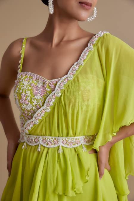 Keith Gomes Green Georgette Cut Work, Embroidery Sweetheart Neck Skirt Saree With Blouse Online at Aza Fashions Keith Gomes_Green Georgette Cut Work, Embroidery Sweetheart Neck Skirt Saree With Blouse _Online_at_Aza_Fashions