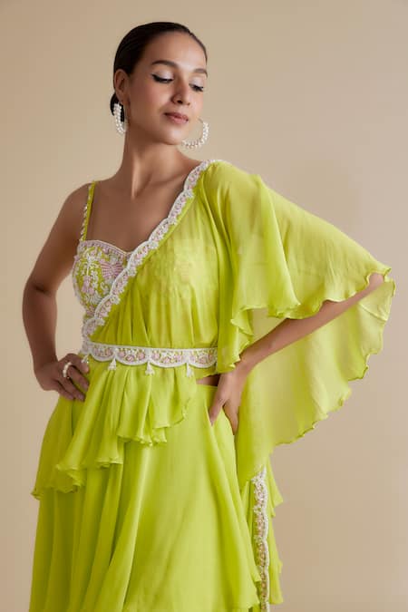 Buy Keith Gomes Green Georgette Cut Work, Embroidery Sweetheart Neck Skirt Saree With Blouse Online at Aza Fashions Buy_Keith Gomes_Green Georgette Cut Work, Embroidery Sweetheart Neck Skirt Saree With Blouse _Online_at_Aza_Fashions