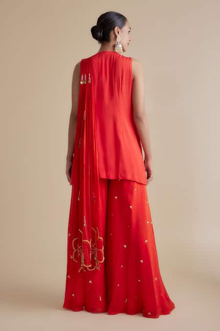 Shop Keith Gomes Orange Silk Organza, Linen Cut Work, Sequins, Embellished Kurta And Palazzo Set at Aza Fashions Shop_Keith Gomes_Orange Silk Organza, Linen Cut Work, Sequins, Embellished Kurta And Palazzo Set _at_Aza_Fashions