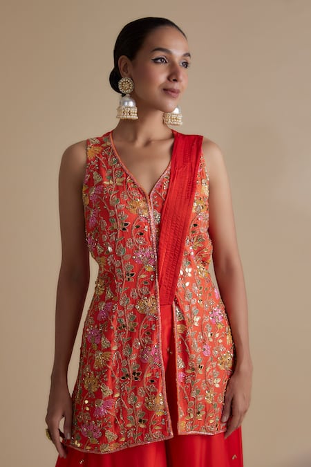 Shop Keith Gomes Orange Silk Organza, Linen Cut Work, Sequins, Embellished Kurta And Palazzo Set Online at Aza Fashions Shop_Keith Gomes_Orange Silk Organza, Linen Cut Work, Sequins, Embellished Kurta And Palazzo Set _Online_at_Aza_Fashions