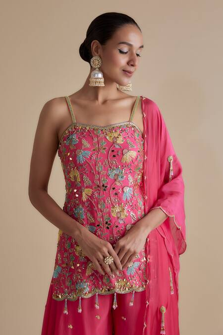 Shop Keith Gomes Pink Silk Organza Cut Work, Mirrors, Cutdana Embellished Kurta Palazzo Set Online at Aza Fashions Shop_Keith Gomes_Pink Silk Organza Cut Work, Mirrors, Cutdana Embellished Kurta Palazzo Set _Online_at_Aza_Fashions