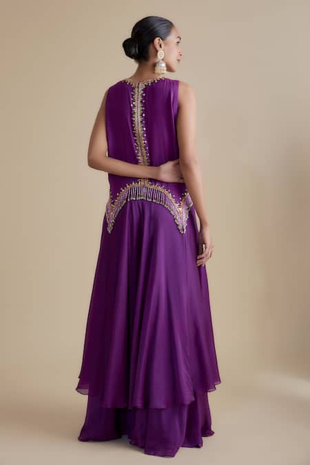 Shop Keith Gomes Purple Silk Organza, Linen Embroidery, Floral Embellished Kurta Palazzo Set at Aza Fashions Shop_Keith Gomes_Purple Silk Organza, Linen Embroidery, Floral Embellished Kurta Palazzo Set _at_Aza_Fashions