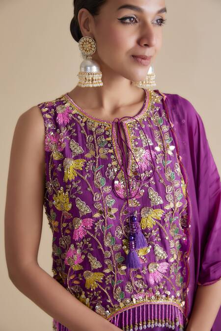Buy Keith Gomes Purple Silk Organza, Linen Embroidery, Floral Embellished Kurta Palazzo Set Online at Aza Fashions Buy_Keith Gomes_Purple Silk Organza, Linen Embroidery, Floral Embellished Kurta Palazzo Set _Online_at_Aza_Fashions
