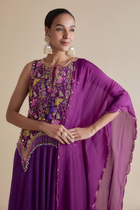 Shop Keith Gomes Purple Silk Organza, Linen Embroidery, Floral Embellished Kurta Palazzo Set Online at Aza Fashions Shop_Keith Gomes_Purple Silk Organza, Linen Embroidery, Floral Embellished Kurta Palazzo Set _Online_at_Aza_Fashions