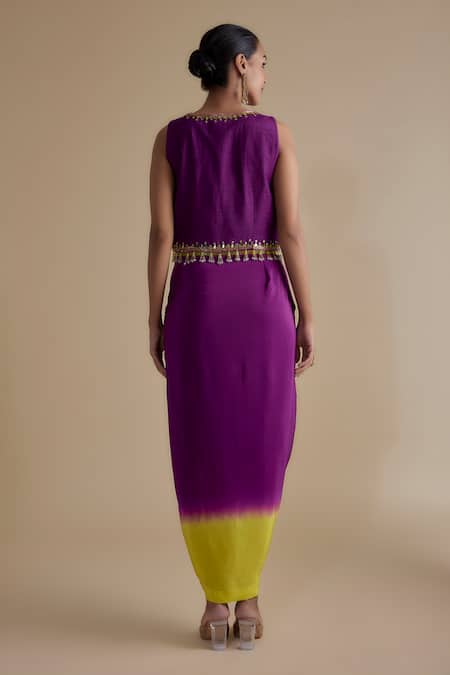 Shop Keith Gomes Purple Crepe, Silk Embroidery, Tassels Overlap Blouse And Ombre Draped Skirt Set at Aza Fashions Shop_Keith Gomes_Purple Crepe, Silk Embroidery, Tassels Overlap Blouse And Ombre Draped Skirt Set _at_Aza_Fashions
