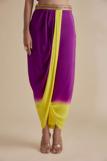 Keith Gomes Purple Crepe, Silk Embroidery, Tassels Overlap Blouse And Ombre Draped Skirt Set Online at Aza Fashions Keith Gomes_Purple Crepe, Silk Embroidery, Tassels Overlap Blouse And Ombre Draped Skirt Set _Online_at_Aza_Fashions