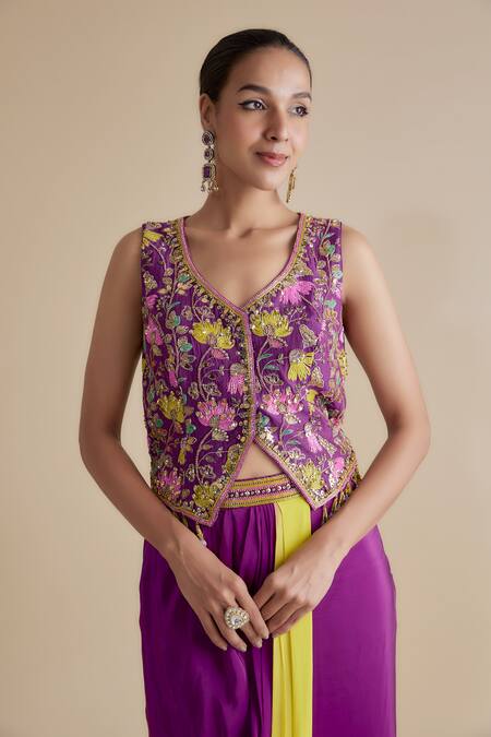 Shop Keith Gomes Purple Crepe, Silk Embroidery, Tassels Overlap Blouse And Ombre Draped Skirt Set Online at Aza Fashions Shop_Keith Gomes_Purple Crepe, Silk Embroidery, Tassels Overlap Blouse And Ombre Draped Skirt Set _Online_at_Aza_Fashions