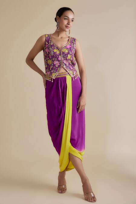 Keith Gomes Purple Crepe, Silk Embroidery, Tassels Overlap Blouse And Ombre Draped Skirt Set at Aza Fashions Keith Gomes_Purple Crepe, Silk Embroidery, Tassels Overlap Blouse And Ombre Draped Skirt Set _at_Aza_Fashions