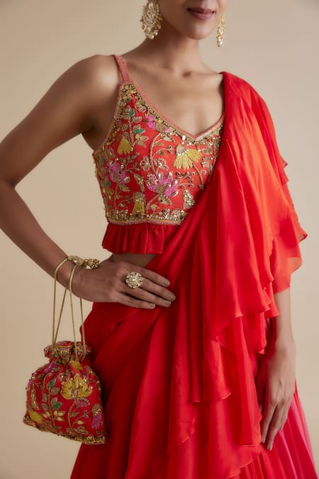 Keith Gomes_Orange Silk Organza Cut Work, Ombre Gathered Ruffle Skirt Saree With Blouse _Online_at_Aza_Fashions