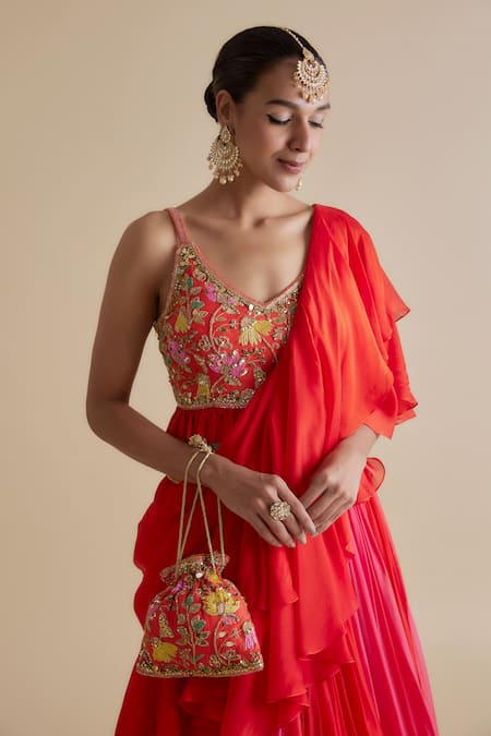 Buy_Keith Gomes_Orange Silk Organza Cut Work, Ombre Gathered Ruffle Skirt Saree With Blouse _Online_at_Aza_Fashions