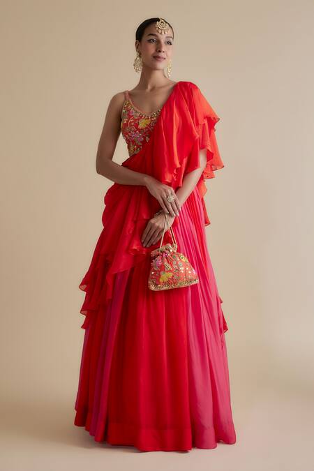Shop_Keith Gomes_Orange Silk Organza Cut Work, Ombre Gathered Ruffle Skirt Saree With Blouse _Online_at_Aza_Fashions