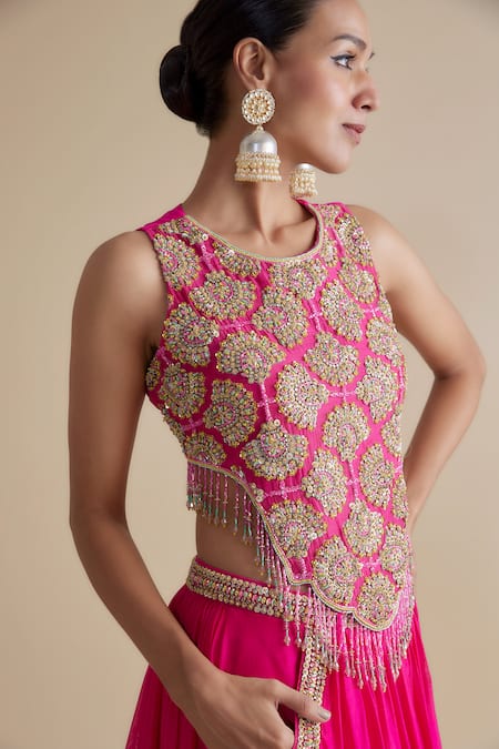 Buy_Keith Gomes_Pink Silk Organza Sequins, Beads, Cut Work, Cutdana Embellished Lehenga Set _Online_at_Aza_Fashions