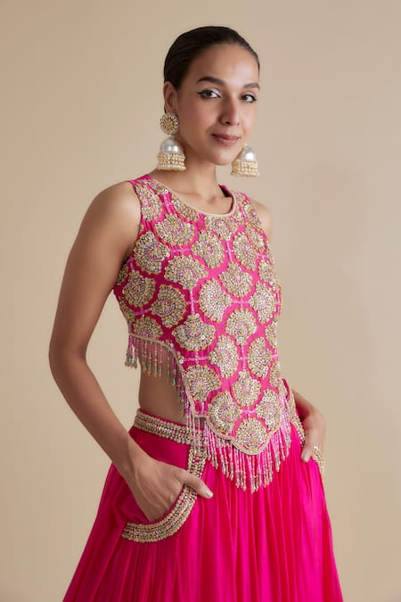 Shop_Keith Gomes_Pink Silk Organza Sequins, Beads, Cut Work, Cutdana Embellished Lehenga Set _Online_at_Aza_Fashions