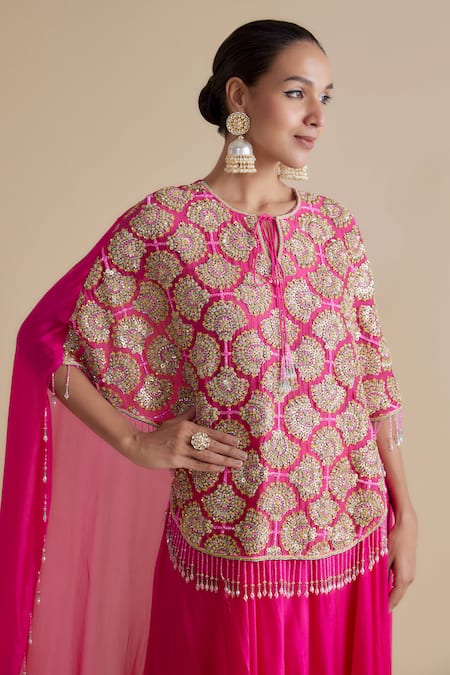 Shop Keith Gomes Pink Lycra, Georgette Sequin Embellished Cape Palazzo Set Online at Aza Fashions Shop_Keith Gomes_Pink Lycra, Georgette Sequin Embellished Cape Palazzo Set _Online_at_Aza_Fashions