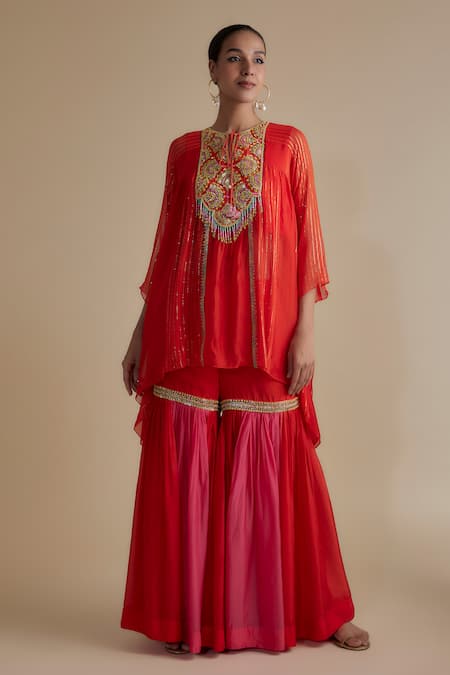 Keith Gomes Orange Silk Organza Embroidery Cutdana Keyhole Yoke Kurta And Gharara Set 