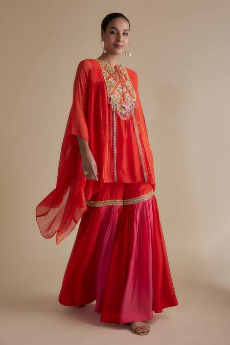 Keith Gomes Orange Silk Organza, Linen, Georgette Cut Work, Yoke Kurta And Gharara Set at Aza Fashions Keith Gomes_Orange Silk Organza, Linen, Georgette Cut Work, Yoke Kurta And Gharara Set _at_Aza_Fashions