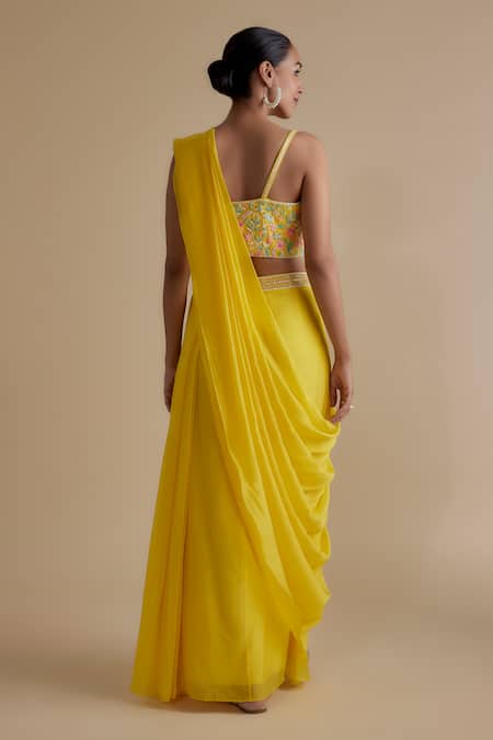 Shop_Keith Gomes_Yellow Silk Organza, Silk, Waistband Embellished Pre-draped Saree With Blouse _at_Aza_Fashions