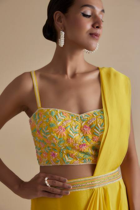 Keith Gomes_Yellow Silk Organza, Silk, Waistband Embellished Pre-draped Saree With Blouse _Online_at_Aza_Fashions