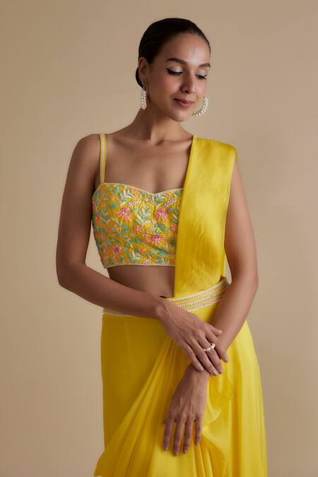 Buy_Keith Gomes_Yellow Silk Organza, Silk, Waistband Embellished Pre-draped Saree With Blouse _Online_at_Aza_Fashions