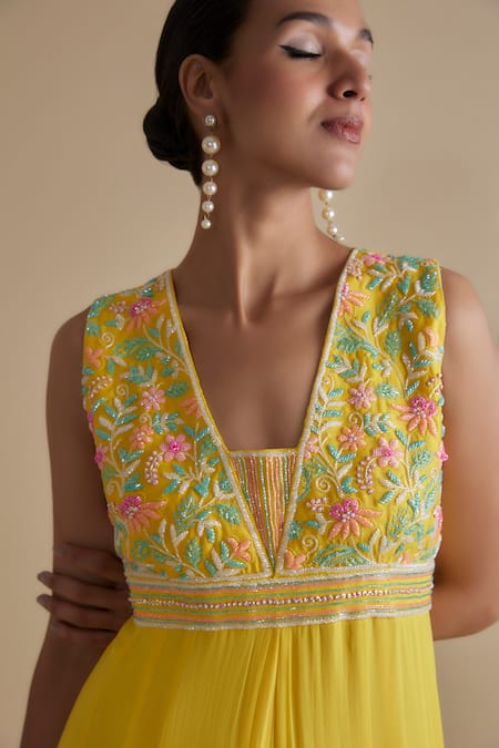 Keith Gomes Yellow Georgette Beads V-neck Glass Embellished Jumpsuit Online at Aza Fashions Keith Gomes_Yellow Georgette Beads V-neck Glass Embellished Jumpsuit _Online_at_Aza_Fashions
