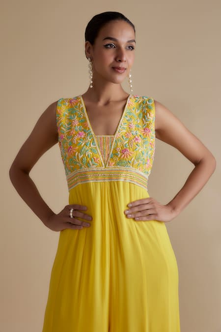 Buy Keith Gomes Yellow Georgette Beads V-neck Glass Embellished Jumpsuit Online at Aza Fashions Buy_Keith Gomes_Yellow Georgette Beads V-neck Glass Embellished Jumpsuit _Online_at_Aza_Fashions