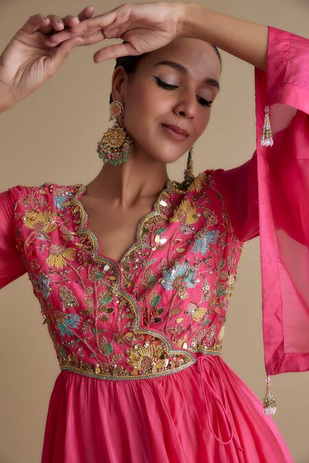 Buy_Keith Gomes_Pink Silk Organza, Linen, Georgette Cut Embellished Overlap Kurta And Palazzo Set _Online_at_Aza_Fashions