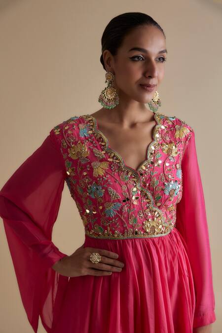Shop_Keith Gomes_Pink Silk Organza, Linen, Georgette Cut Embellished Overlap Kurta And Palazzo Set _Online_at_Aza_Fashions