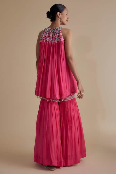Shop_Keith Gomes_Pink Chiffon, Crepe Beads, Tassels Halter Glass Embellished Kurta And Gharara Set _at_Aza_Fashions