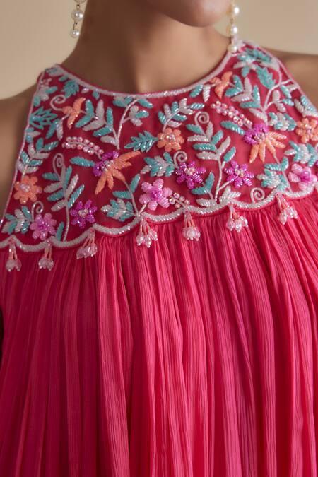 Buy_Keith Gomes_Pink Chiffon, Crepe Beads, Tassels Halter Glass Embellished Kurta And Gharara Set _Online_at_Aza_Fashions