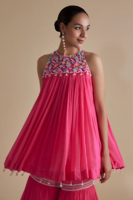 Shop_Keith Gomes_Pink Chiffon, Crepe Beads, Tassels Halter Glass Embellished Kurta And Gharara Set _Online_at_Aza_Fashions