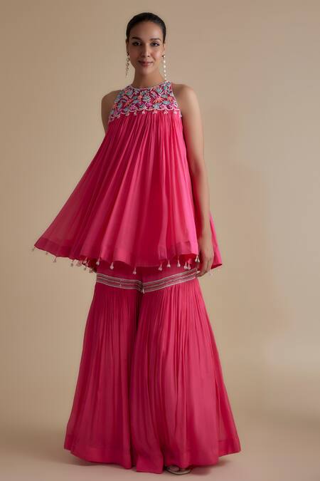 Keith Gomes_Pink Chiffon, Crepe Beads, Tassels Halter Glass Embellished Kurta And Gharara Set _at_Aza_Fashions